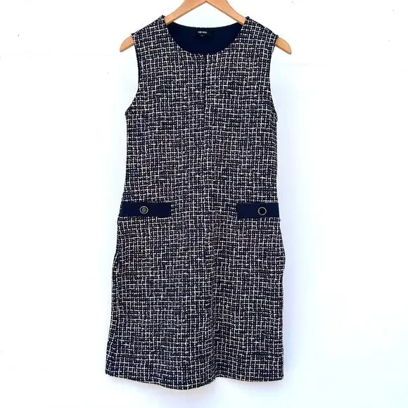 ME+EM Ponte Jacquard Tweed Shift Mini Dress Short 8 Navy Blue Office Work - Picture 4 of 10